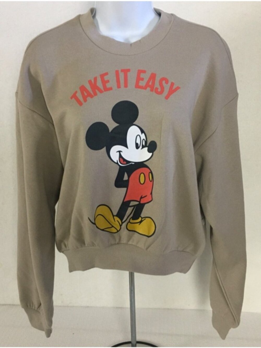 Disney Sweatshirt Size S Lt Brown w Take It Easy n Mickey Mouse Front Back New